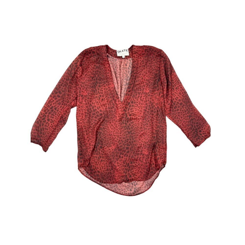 Skatie Flowy Animal Print Blouse Top V-Neck Mod Wife Oversized Red Size XS